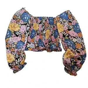Wayf Womens Smocked Top Balloon Sleeve Chiffon Black Vintage Floral Medium